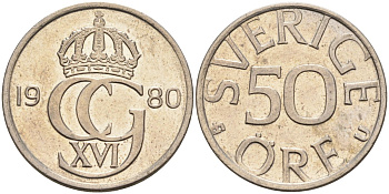 Швеция 50 эре 1980 U, Карл XVI Густав (1973- ) KM 855 медно-никель 4582-813