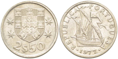 ПОРТУГАЛИЯ 2,5 ЭСКУДО 1977 ПАРУСНИК KM 590 медно-никель UNC 4513-1147