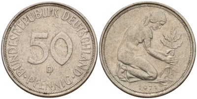 ФРГ 50 пфеннигов 1971 D KM 109.2, J. 384 медно-никель 4173-1057