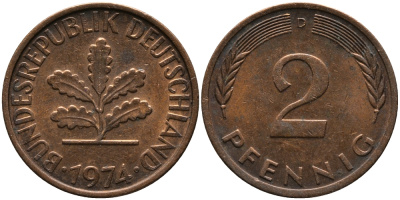 ФРГ 2 ПФЕННИГА 1974 D KM 106а, J.381а сталь плакированная сталь плакированная медьюю 33-235