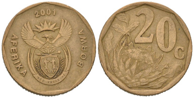 ЮАР 20 центов 2001 KM 225 сталь плакированная бронзой 4618-347