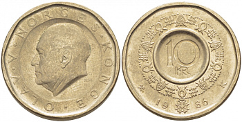 Норвегия 10 крон 1986 Улаф V (1957-1991) KM 427 медь цинк никель 4448-454