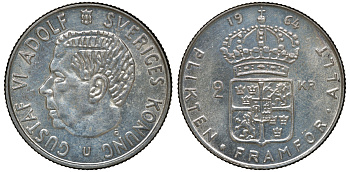 Швеция 2 кроны 1964 U, Густав VI Адольф (1950-1973) KM 827 серебро 4179-1341