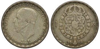 Швеция 1 крона 1949 TS, Густав VI Адольф (1950-1973) KM 814 серебро 4178-545