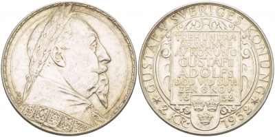 Швеция 2 кроны 1932 G, Густав V, 300 лет со дня смерти Густава II Адольфа KM 805 серебро 1515-1015