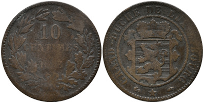 ЛЮКСЕМБУРГ 10 САНТИМОВ 1855 ВИЛЬЯМ III НИДЕРЛАНДСКИЙ (1849-1890) KM 23.1 бронза 32-645