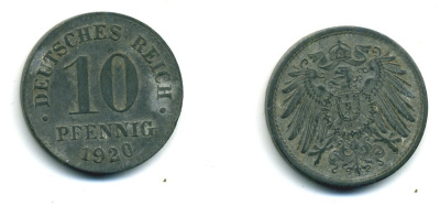 ГЕРМАНИЯ 10 ПФЕННИГОВ 1920 KM 26, J. 299 цинк 54-516