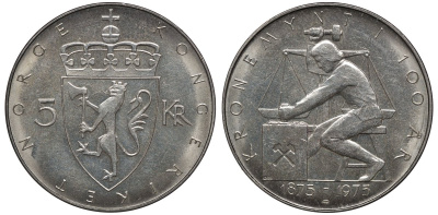 Норвегия 5 крон 1975 100 лет Норвежской кроне KM 421 медно-никель UNC 81-812