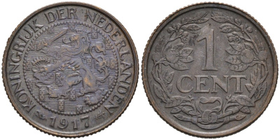 Нидерланды 1 цент 1917 Вильгельмина (1890-1948) KM 152 бронза 4576-722
