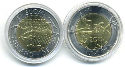 Финляндия 5 евро 2007 90 лет независимости Финляндии KM 135 биметалл UNC M18-20