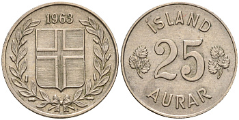 Исландия 25 эйре 1963 KM 11 медно-никель 4508-143