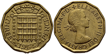 Великобритания 3 пенса 1964 Елизавета II (1952-2022) KM 900, Spink 4153 никель латунь 4393-1246