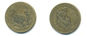 БРАЗИЛИЯ 1000 РЕЙС 1927 ФИГУРА ВПРАВО С РОГОМ ИЗОБИЛИЯ KM 525 алюминиевая бронза 89-1334