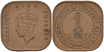 Британская Малайя 1 цент 1943 Георг VI (1937-1952) KM 6 бронза 4153-627