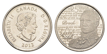 Канада 25 центов 2012 Война 1812 года - Генерал-майор Исаак Брок KM 1322 сталь плакированная никелем UNC 4652-1152