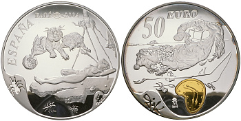 Испания 50 евро 2004 Сальвадор Дали, "За секунду до пробуждения", "Мягкий автопортрет с жареным беконом", позолота, коробка, сертификат КМ 1057 серебро  PROOF  6-5-1-20