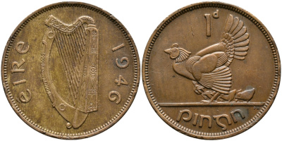 ИРЛАНДИЯ 1 ПЕННИ 1946 КУРИЦА С ЦЫПЛЯТАМИ KM 11 бронза 4394-1124