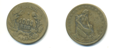 БРАЗИЛИЯ 1000 РЕЙС 1927 ФИГУРА ВПРАВО С РОГОМ ИЗОБИЛИЯ KM 525 алюминиевая бронза 89-1334