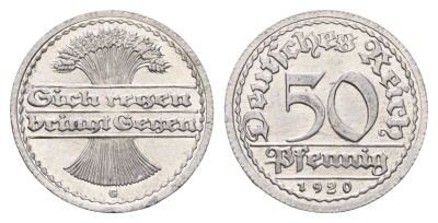 Германия 50 пфеннигов 1920 G KM 27, J. 301 алюминий aUNC 3856-712