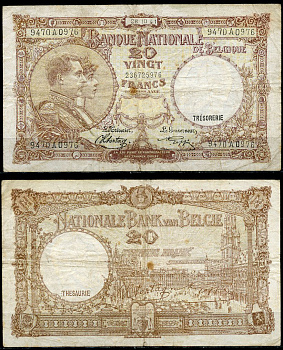 Бельгия 20 франков 1941 28.10.1941, Король Альберт I и его жена Королева Елизавета, Гран-Плас / Гроте Маркт, Брюссель Pick 111  бумага   6352-27-3-1