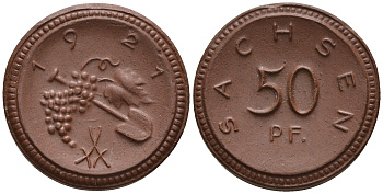 Саксония 50 пфеннигов 1921 виноград и лопата J. N 54 фарфор UNC 1094-8-54