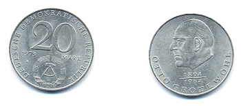 ГДР 20 марок 1973 А, Отто Гротеволь (1894-1964) KM 47 медно-никель 3333-432