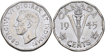 Канада 5 центов 1945 Георг VI (1937-1952) KM 40а сталь плакированная хромом    4595-625