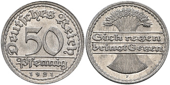 Германия 50 пфеннигов 1921 F KM 27, J.301, Weege 10 алюминий UNC 4584-747