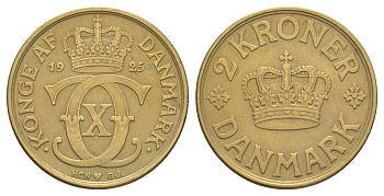 Дания 2 кроны 1925 HCN; GJ, Кристиан X (1912-1947) KM 825 алюминиевая бронза 114-736