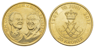 Дания 20 крон 2017 Золотая свадьба KM 966 алюминиевая бронза UNC 4648-1016