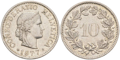 Швейцария 10 раппенов 1977 KM 27 медно-никель 55-512