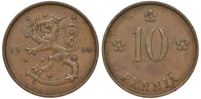 Финляндия 10 пенни 1939 KM 24 медь 51-3144