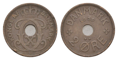 Дания 2 эре 1929 N, Кристиан X (1912-1947) KM 827 бронза 4658-233