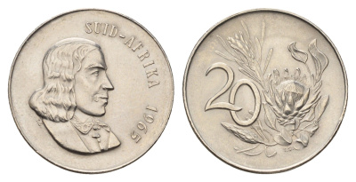 ЮАР 20 центов 1965 Ян ван Рибек (1619-1677), Suid Africa, легенда на африкаанс, цветок протея KM 69.2 никель UNC 4678-233