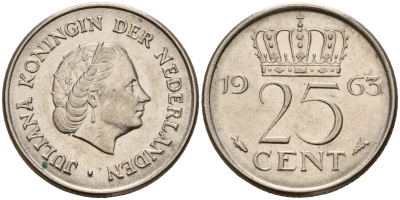 Нидерланды 25 центов 1963 Юлиана (1949-1980) KM 183 никель    4598-421