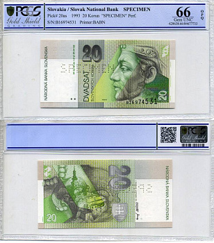 Словакия 20 крон 1993 образец, Specimen, перфорация, в слабе PCGS 66 Gem UNC Pick 20 as бумага UNC (пресс) 452-1-92