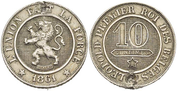 БЕЛЬГИЯ 10 САНТИМОВ 1861 НАПАЙКА, BELGES KM 22 медно-никель 217-447