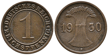 ГЕРМАНИЯ 1 РЕЙХСПФЕННИГ 1930 F KM 37, J. 313 бронза 39-1041