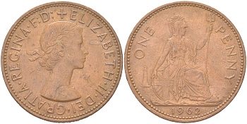 Великобритания 1 пенни 1962 Елизавета II (1952-2022) KM 897, Spink 4157 бронза 4165-932