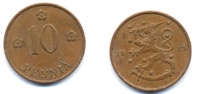 Финляндия 10 пенни 1937 KM 24 медь 51-5625
