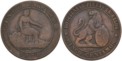 Испания 5 сентимо 1870 ОМ, лев со щитом KM 662 (Y53) медь 4143-515