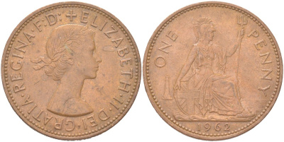 Великобритания 1 пенни 1962 Елизавета II (1952-2022) KM 897, Spink 4157 бронза 4165-932