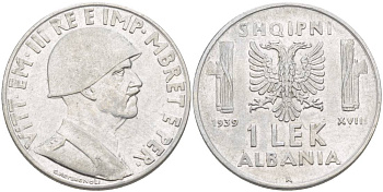 Албания 1 лек 1939 R, год XVIII, Итальянская оккупация, вторая мировая KM 31 нержавеющая сталь 4179-215