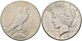 США 1 доллар 1922 D, доллар мира KM 150 серебро 441-914