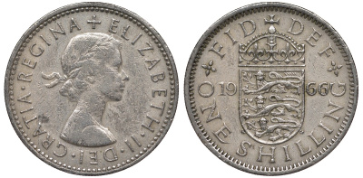 Великобритания 1 шиллинг 1966 Елизавета II (1952-2022), Английский герб KM 904, Spink 4147 медно-никель 4122-1047