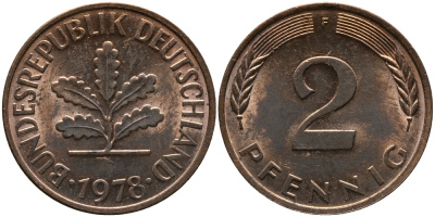 ФРГ 2 пфеннига 1978 F KM 106а, J.381а сталь плакированная медью 99-235