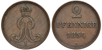 Брауншвейг-Каленберг-Ганновер 2 пфеннига 1854 B, Георг V (1851-1866) KM 217,aKS 152, J. 84 медь 4142-133