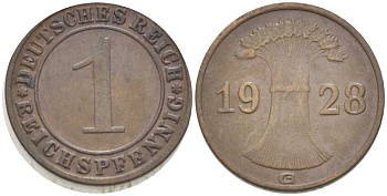 ГЕРМАНИЯ 1 РЕЙХСПФЕННИГ 1928 G KM 37, J. 313, Weege 2 бронза 206-828