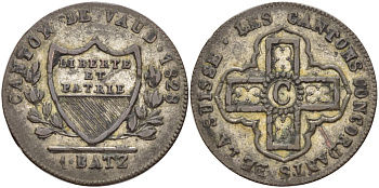 ШВЕЙЦАРИЯ, ВОД 1 БАТЦЕН 1828 VAUD KM 20 серебро 31-1032