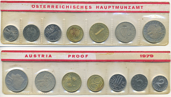 Австрия набор из 7 монет  1979  2, 5, 10, 50 грошей, 1, 5, 10 шиллингов, в целлофане KM PS 39 PROOF 4400-5-1